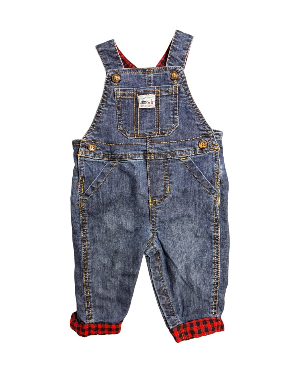 Carter's Denim Overalls with Red Plaid Cuff Detail 6M  10 0592